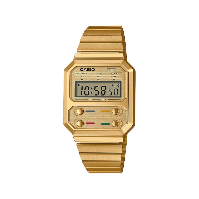 Montre CASIO pour femme ou homme en RésineRésine de forme Rectangulaire, couleur : JAUNE, BRILLANT, fonctionnalités : Résistant à l'eau - A100WEG-9AEF