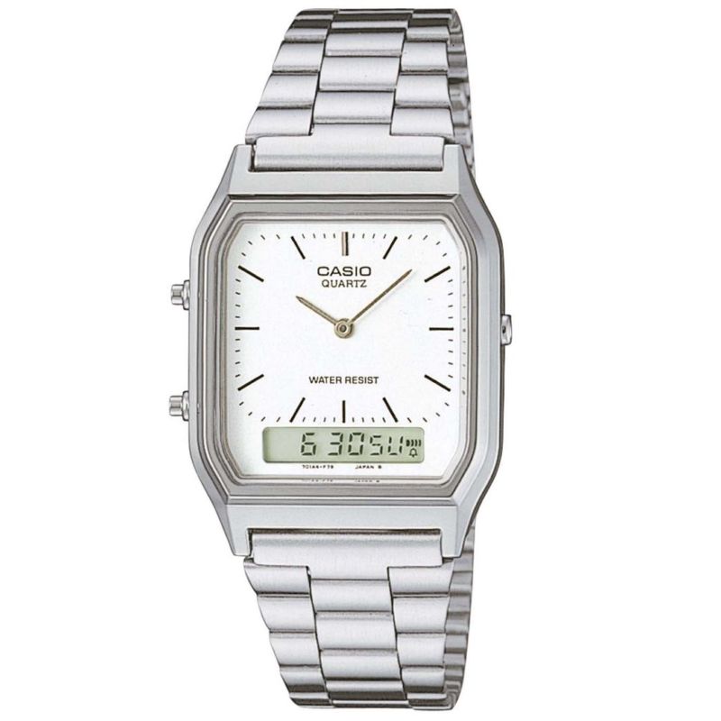 Montre CASIO pour femme ou homme en AcierAcier de forme Carré, couleur : BLANC, fonctionnalités : Résistant à l'eau - AQ-230A-7DMQYES
