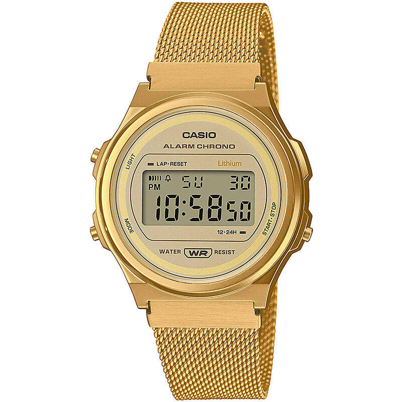 Montre CASIO pour femme ou homme en AcierAcier de forme Rond, couleur : JAUNE, BRILLANT, fonctionnalités : Résistant à l'eau - A171WEMG-9AEF