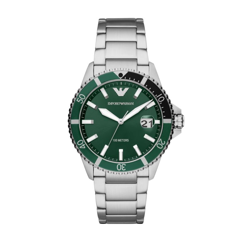 Montre EMPORIO ARMANI pour homme en AcierAcier en forme de rond de forme Rond, couleur : Vert, finition : Sunray, fonctionnalités : 10 ATM - taille :