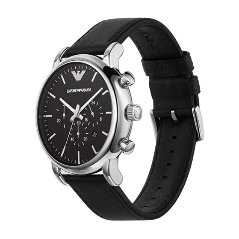 Montre EMPORIO ARMANI pour homme en AcierCuir Véritable en forme de round de forme Rond, couleur : NOIR, BRILLANT, fonctionnalités : 5 ATM - taille :