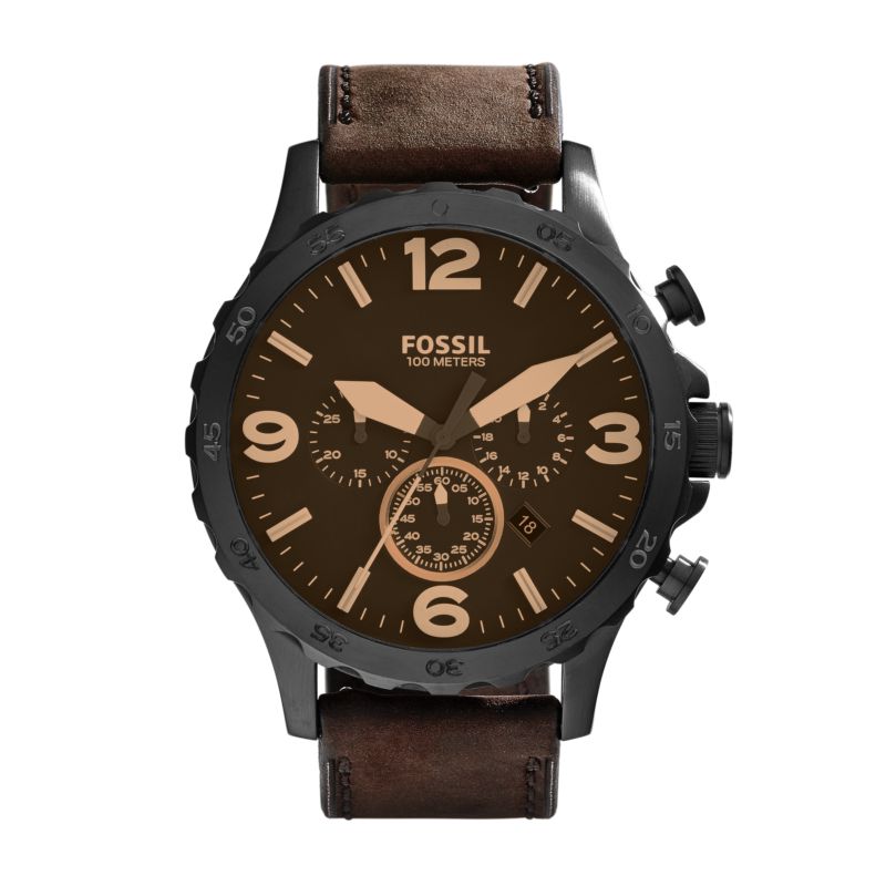 Montre FOSSIL pour homme en AcierCuir Véritable en forme de round de forme Rond, couleur : NOIR, BRILLANT, fonctionnalités : 10 ATM - taille : #null#