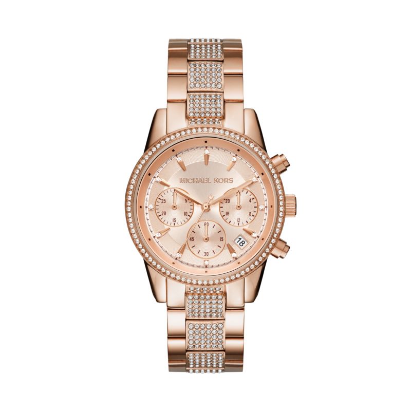 Montre MICHAEL KORS pour femme en AcierAcier en forme de rond de forme Rond, couleur : OR ROSE, SUNRAY, fonctionnalités : 5 ATM - MK6485