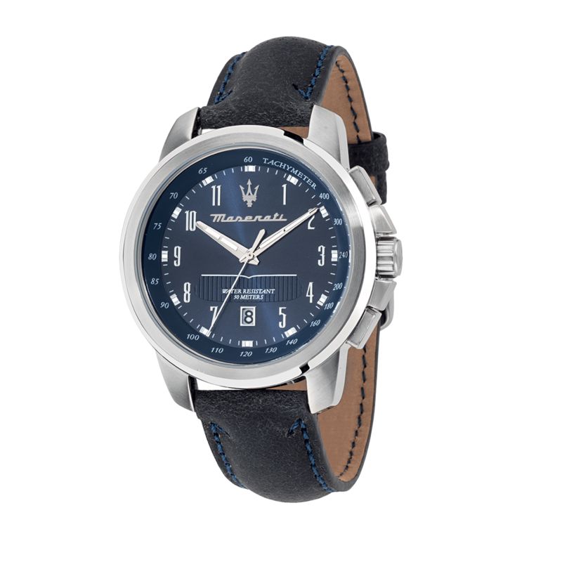 Montre MASERATI pour homme en AcierCuir Véritable en forme de rond de forme Rond, couleur : BLEU, SUNRAY, fonctionnalités : 5 ATM - 0.079 g - taille