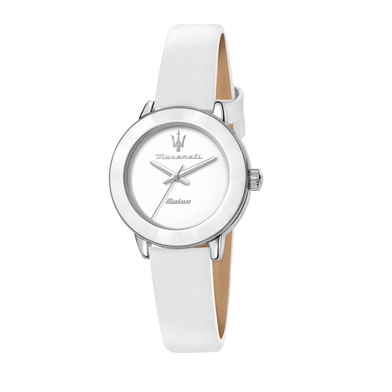 Montre MASERATI pour femme en Acier RecycléCuir Véritable Recyclé en forme de rond de forme Rond, couleur : BLANC, MAT, fonctionnalités : 5 ATM - 0.03