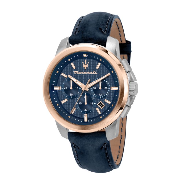 Montre MASERATI pour homme en AcierCuir Véritable en forme de rond de forme Rond, couleur : BLEU, GUILLOCHÉ, fonctionnalités : 5 ATM - 0.075 g - tail