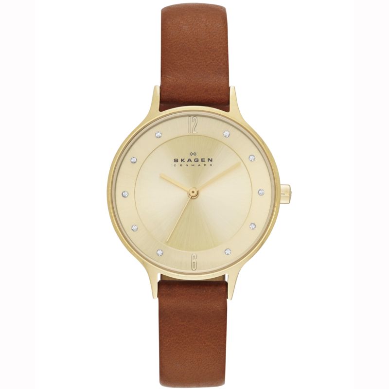 Montre SKAGEN DENMARK pour femme en AcierCuir Véritable serti de cristal en forme de round de forme Rond, couleur : OR, fonctionnalités : 3 ATM - tai