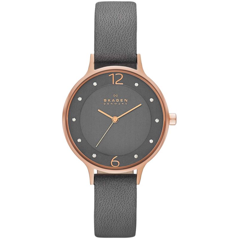 Montre SKAGEN DENMARK pour femme en AcierCuir Véritable serti de cristal en forme de round de forme Rond, couleur : GRIS, fonctionnalités : 3 ATM - t