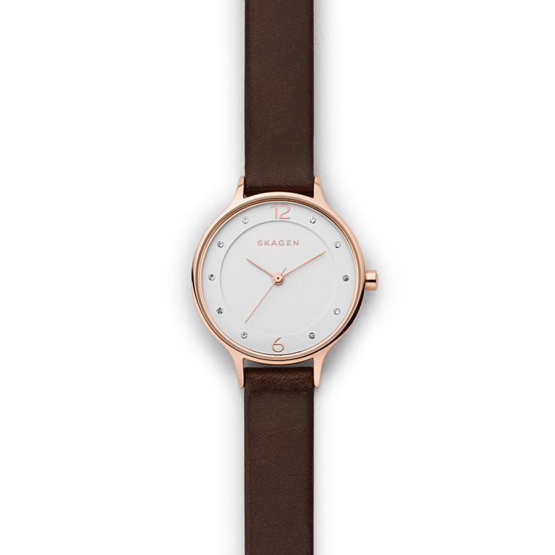 Montre SKAGEN DENMARK pour femme en AcierCuir Véritable en forme de round de forme Rond, couleur : BLANC, fonctionnalités : 3 ATM - taille : #null# -