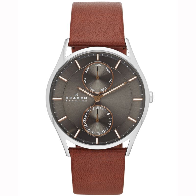 Montre SKAGEN DENMARK pour homme en AcierCuir Véritable en forme de round de forme Rond, couleur : GRIS, fonctionnalités : 5 ATM - SKW6086