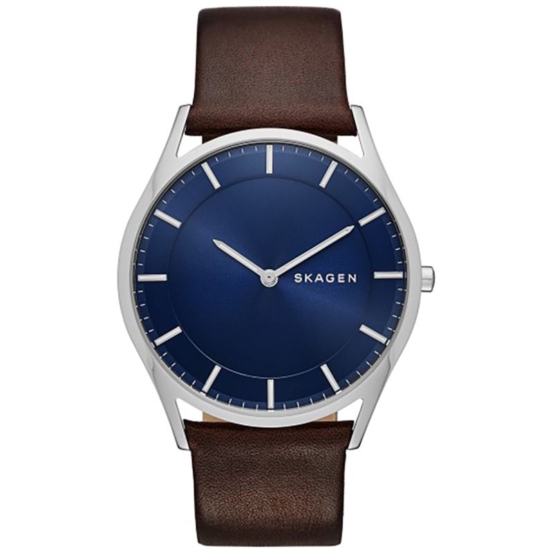 Montre SKAGEN DENMARK pour homme en AcierCuir Véritable en forme de round de forme Rond, couleur : BLEU, fonctionnalités : 5 ATM - taille : #null# - S